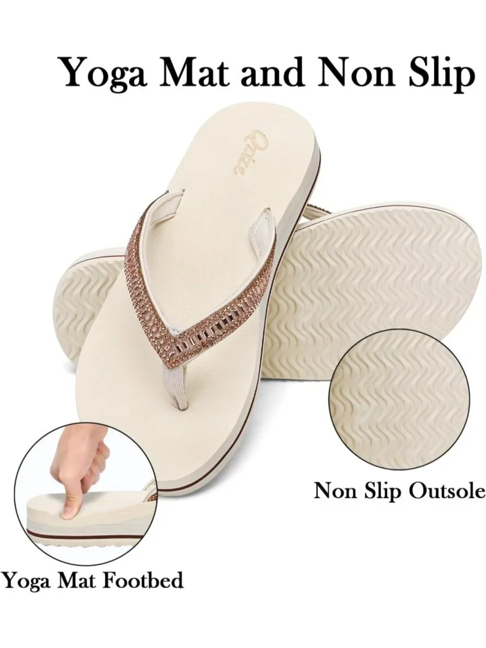 Women's Beige Summer Comfortable Flip Flops with Rhinestone Beach Thong Sandals